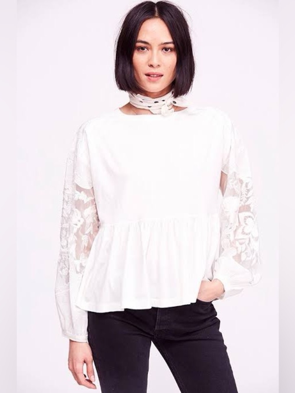 Free People Women's White Peplum Blouse with Lace Sleeves
